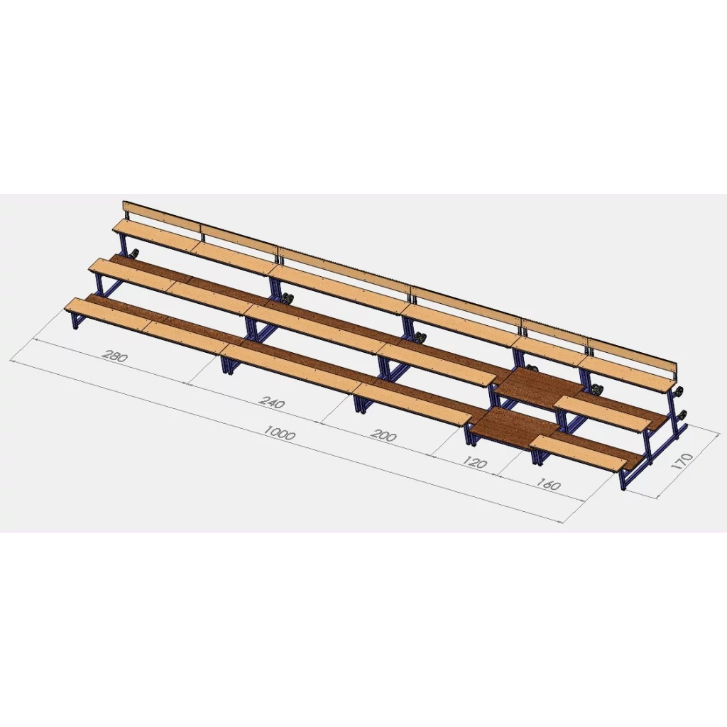 Mobile tribuneseksjoner med sittebenk L=10 m med ca. 60 plasser