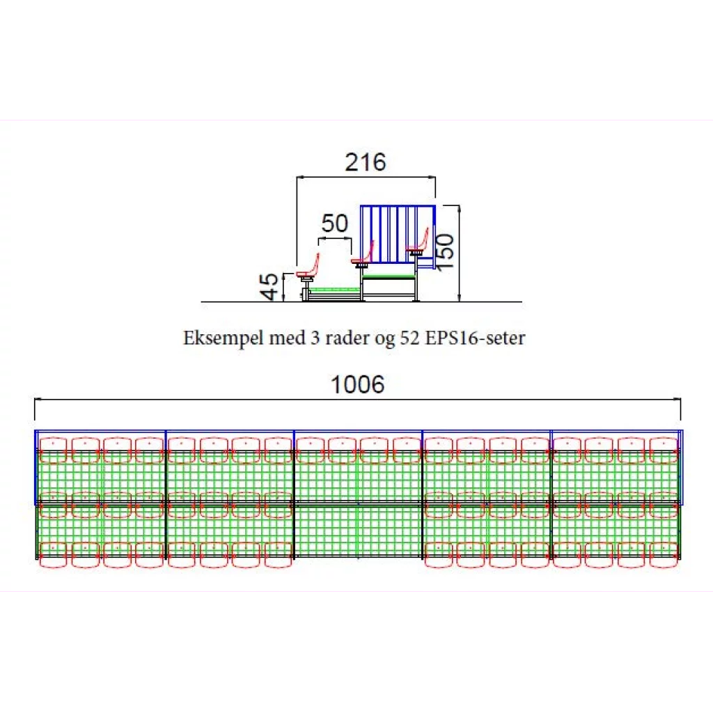 Utendørstribune med plastseter